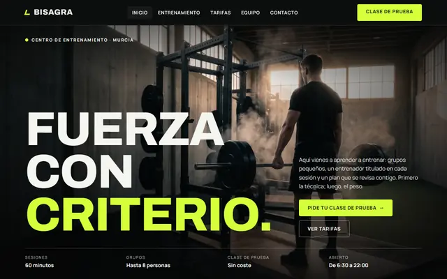 Vista previa de Bisagra, web de ejemplo de un centro de entrenamiento (negocio ficticio)