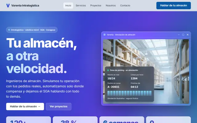 Vista previa de Varenta, web de ejemplo de una consultoría de almacenes y robótica (negocio ficticio)