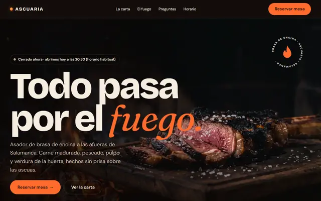 Vista previa de Ascuaria, web de ejemplo de un asador de brasa (negocio ficticio)